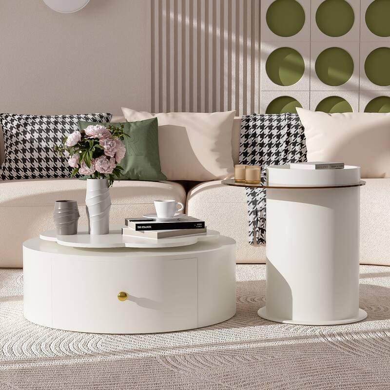 Round Coffee Table Set of 2 with 2 Drawers - Off-White