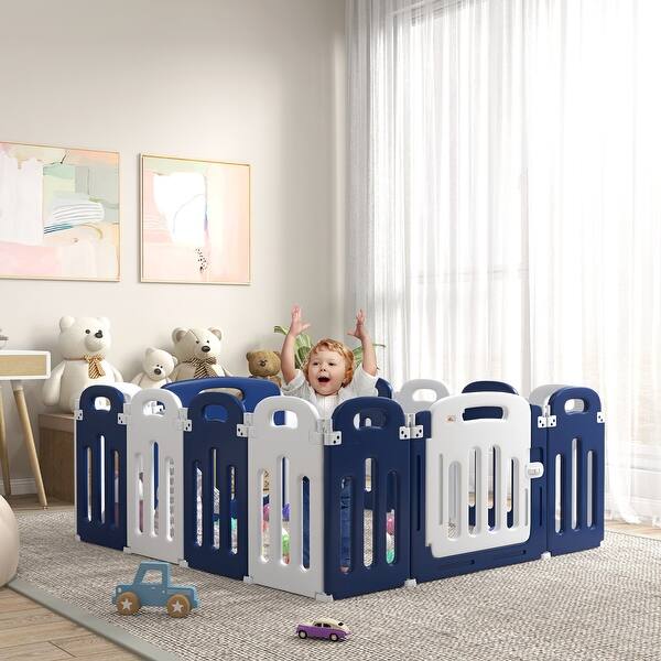 slide 2 of 9, Foldable 14 Panels Baby Playpen Sturdy Safety Play Yard for Babies and Toddlers As Shown
