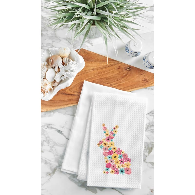 Bunny Rabbit Floral Flower Design Easter Spring Theme Embroidered Waffle Weave Kitchen Dishtowel