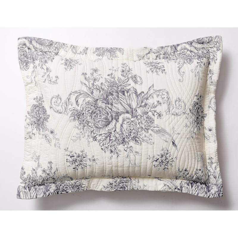 Toile and Bamboo Stripes Reversible Cotton Quilt Set