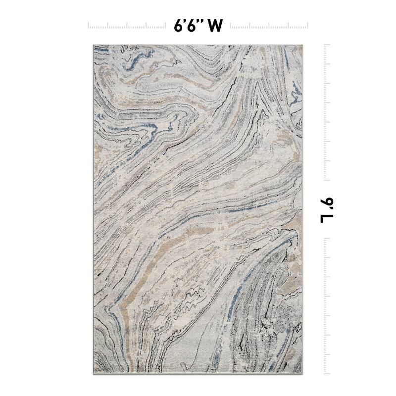 Marble Swirl Distressed Area Rug - Low-Pile Rug for Living Room, Bedroom - Polypropylene/Polyester with Jute Backing