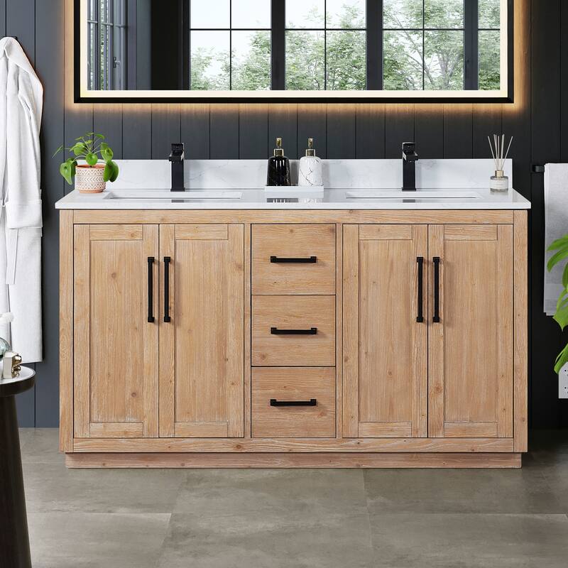 Cicero Single Bathroom Vanity in Light Brown with Grain White Engineered Stone Countertop without Mirror - 60inch