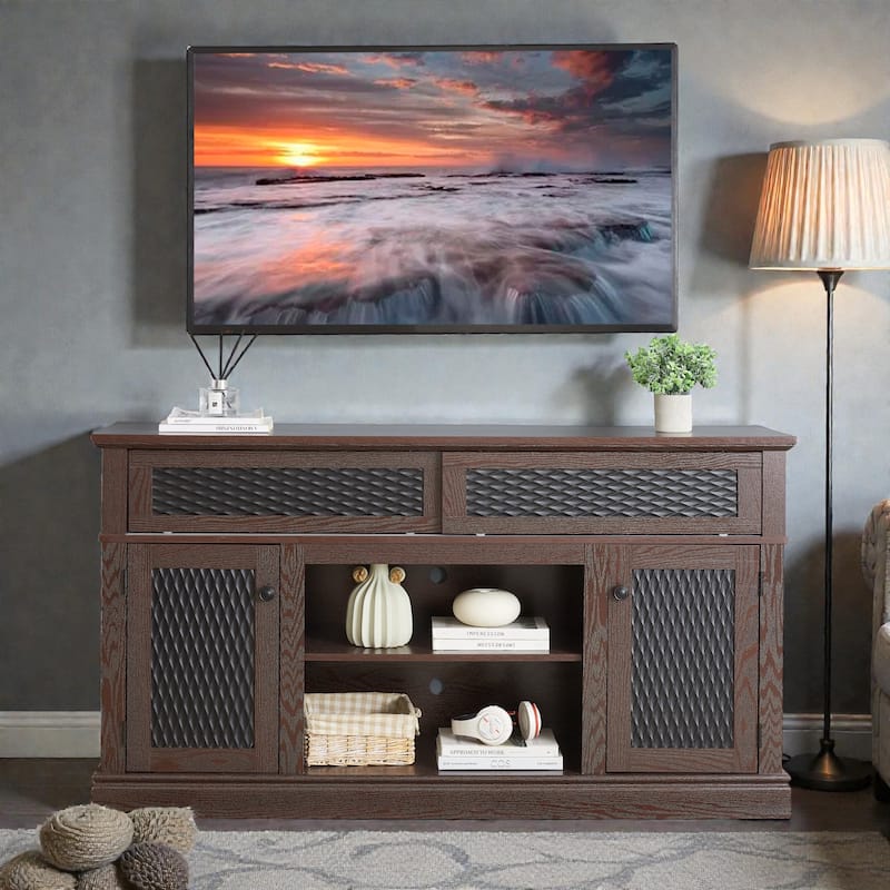 58 Inch Embossed Pattern TV Stand for TVs up to 65 Inch, Media Console with Sliding Door, Open Storage & Cable Management - Cherry