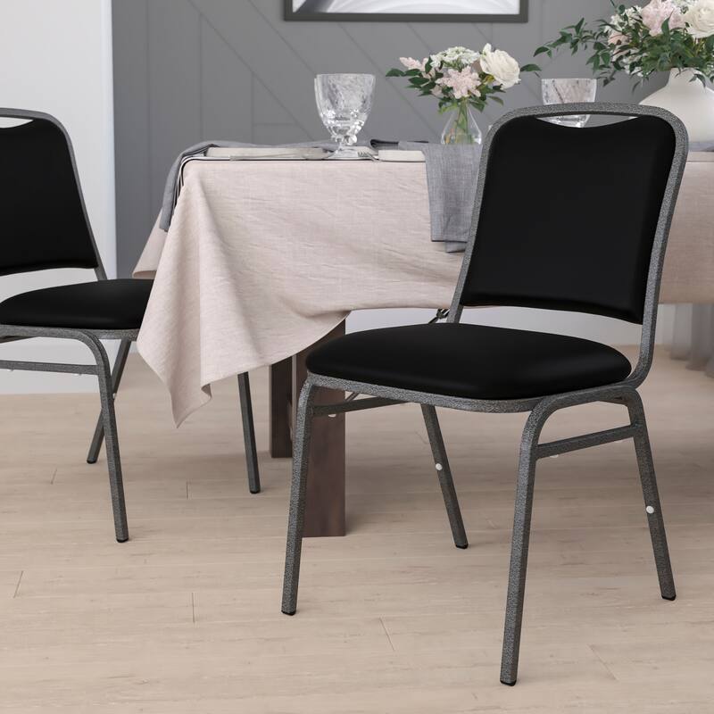 Angled Back Stacking Banquet Chair in Vinyl - Black Vinyl/Silver Vein Frame