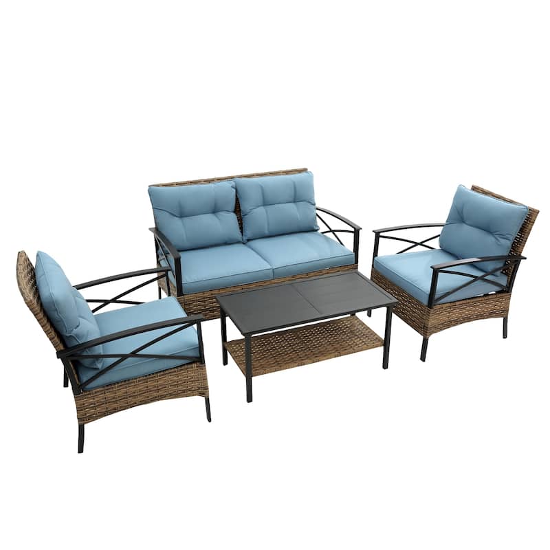 Outdoor Patio Furniture Set, 4 Piece Wicker Outdoor Conversation Set, Corner Sofa Set with Cushion and Side Table