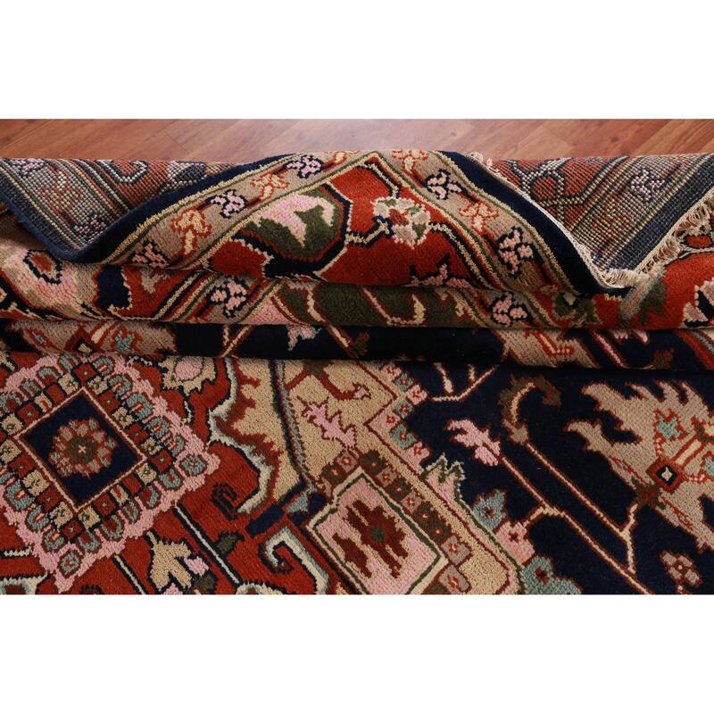 Hand Knotted Oriental 100% Wool Carpet Traditional Medallion Navy Blue & Blues Heriz (serapi) Area Rug - 13' 10'' X 9' 11''