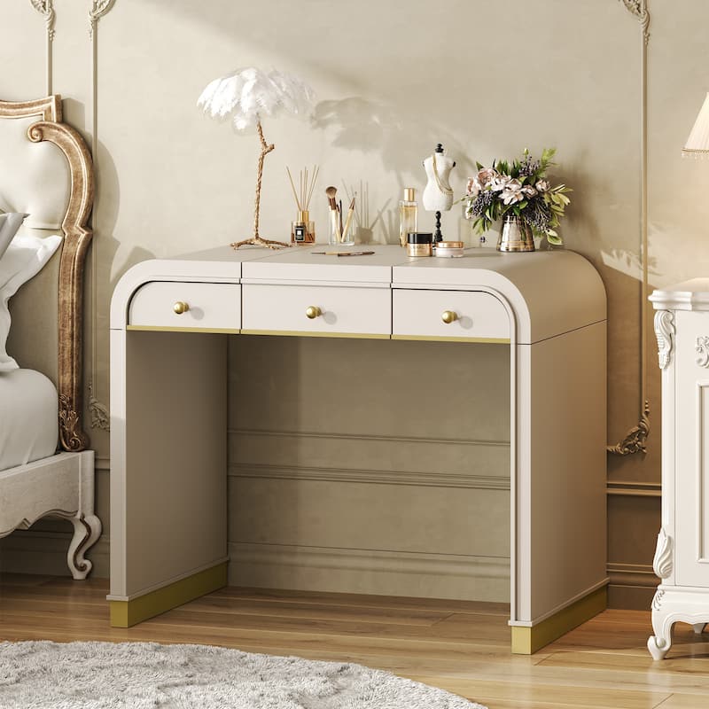 Classic Wood Vanity Desk with Flip Mirror, 3-in-1 Dressing Table with 2 Drawers