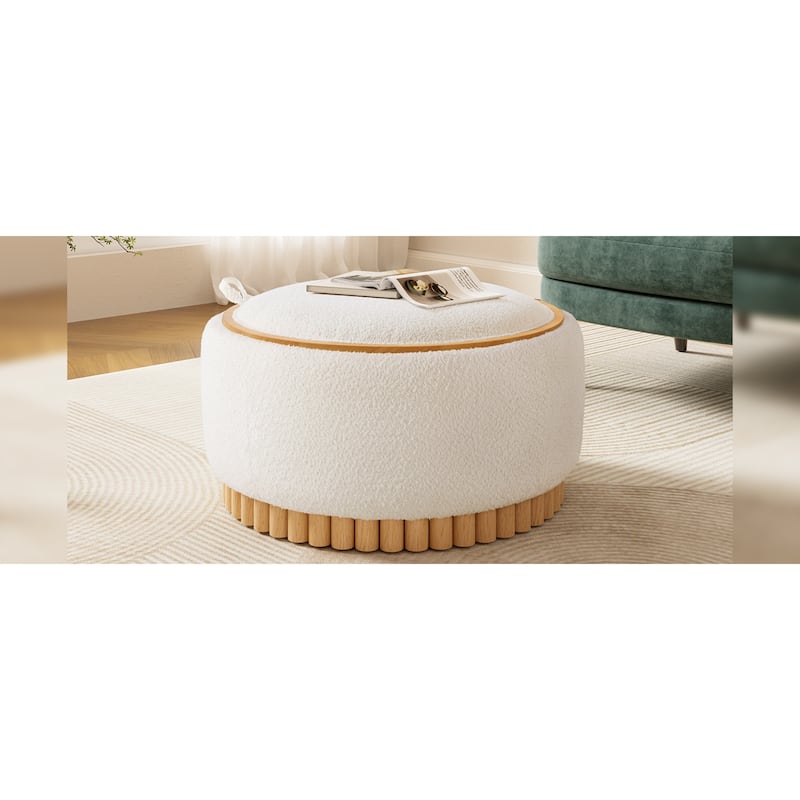 Roomfitters 29 Inch Round Storage Ottoman with Reversible Wooden Tray Top, Upholstered Coffee Table for Living Room