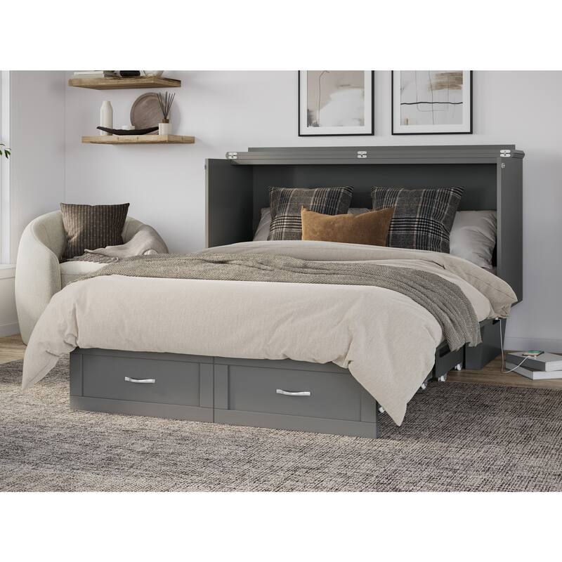 Queen Murphy Bed Chest Solid Wood - Grey Storage Bed with Mattress & USB Ports - Space Saving Furniture