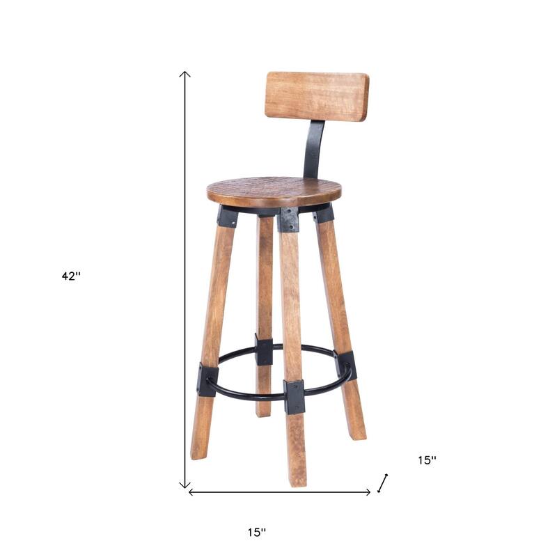 Natural and Brown Solid Wood Bar Chair with Full Back and Iron Frame - 15" L x 15" W x 42" H