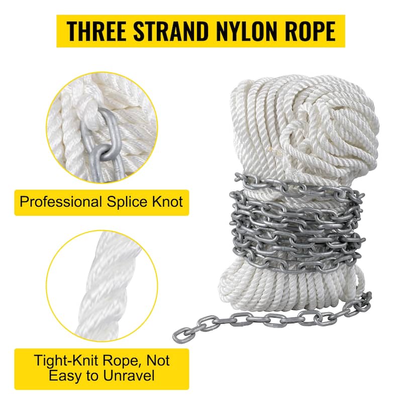 UIMOSO Windlass Anchor Rode and Chain, 5/16" x 15' Boat Anchor Chain and 1/2" x 200' Nylon Rope, 2373 lbs. WLL/7120 lbs.