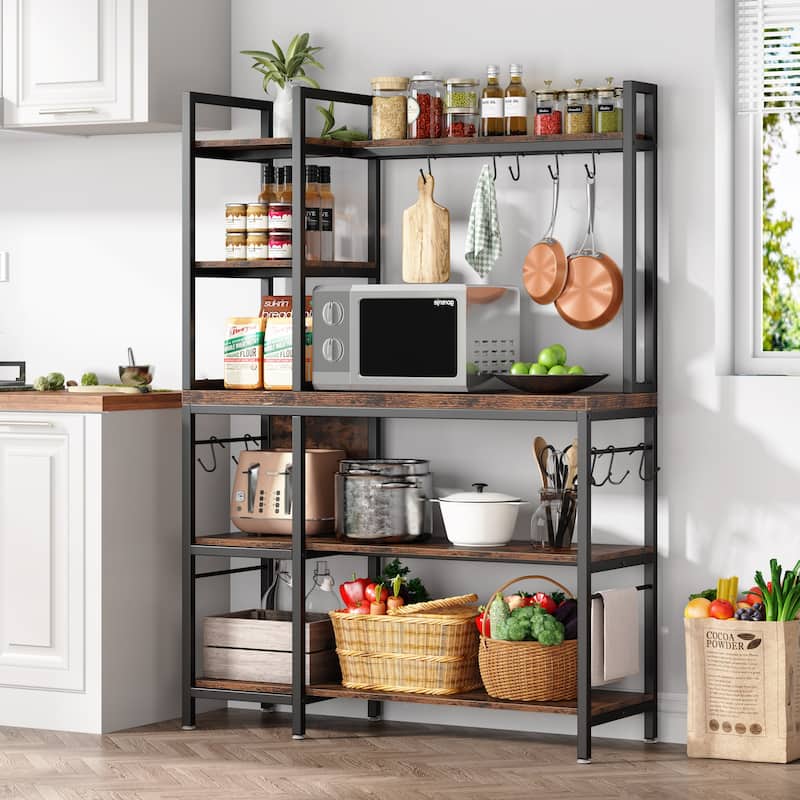 43 inch Kitchen Bakers Rack with Microwave Stand 5-Tier Kitchen Utility Storage Shelf Rack and10 Hooks for Kitchen Living Room - Brown