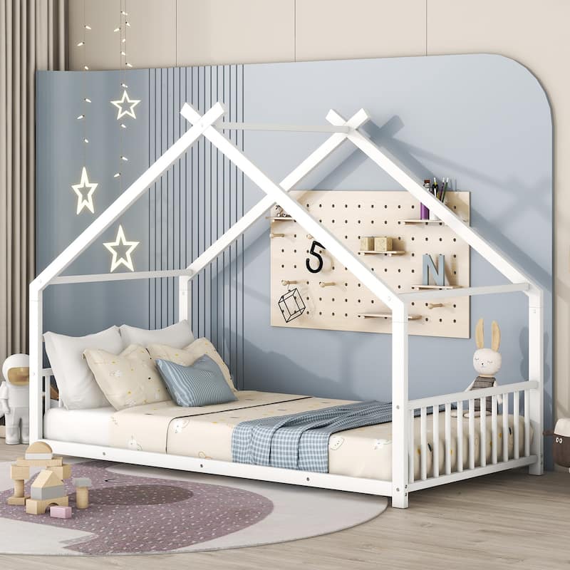 Kids Twin Metal House Bed with Roof and Playhouse Design, Sturdy Frame, and Slats Included, 350lbs Weight Capacity - White