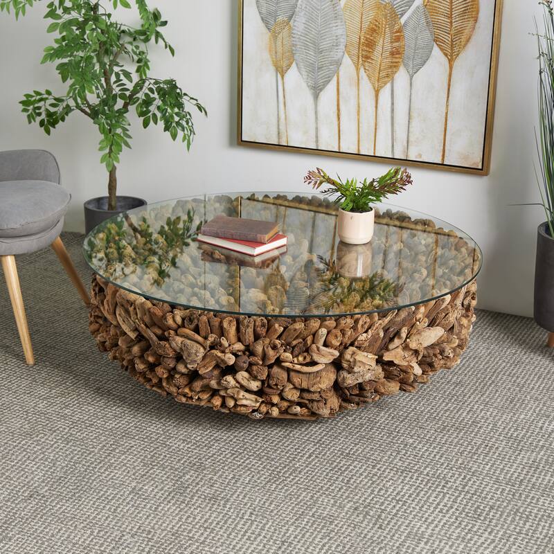 Driftwood Handmade Stacked Collage Coffee Table with Tempered Glass Top and Pedestal Base - Brown - Roche River Decor