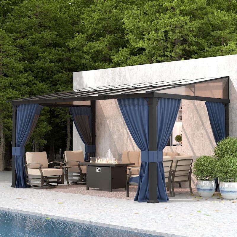 Wall Mounted Gazebo, Hardtop Permanent Outdoor Shade Canopy with Curtains for Deck, Backyard, Patio