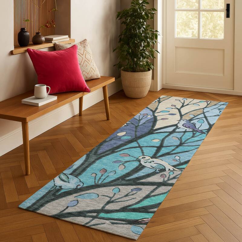 Machine Washable Indoor/ Outdoor Bird Mosaic Chantille Rug