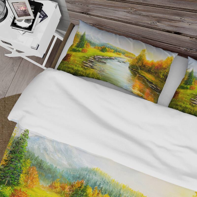 Designart 'Autumn Landscape With Forest Mountains and River' Lake House