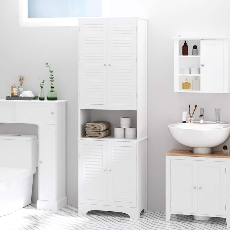 White Tall Slim Multi-Shelf Bathroom Storage Cabinet with Adjustable Shelves for Kitchen or Laundry Room