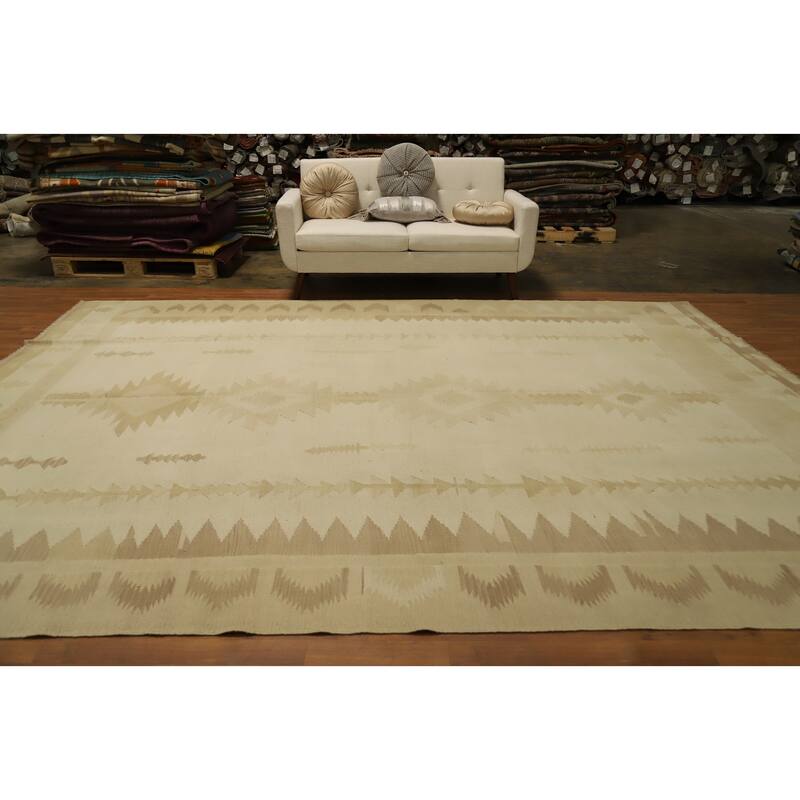 Hand Woven Oriental 100% Wool Carpet Southwestern Tribal Beige & Ivories Kilim Area Rug - 12' 10'' X 9' 9''