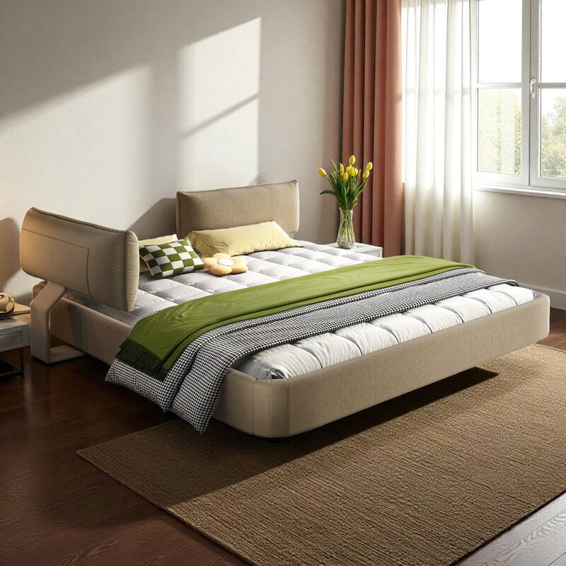 King Size Cloud Bed Frame with Oversized Movable Headboard, Chenille Upholstered Platform Bed with Metal & Wood Support