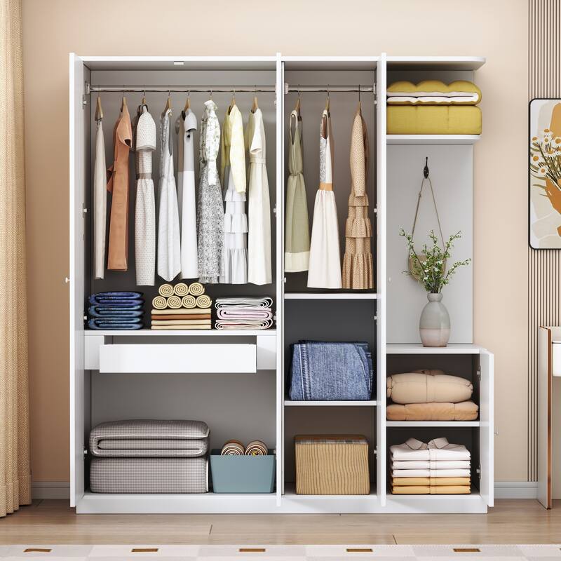 4-Door Wardrobe with Shelves, Drawers, and Full-Length Mirror, White