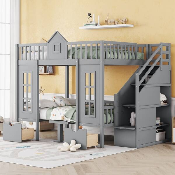 slide 2 of 40, Modern Design Full Over Full Bunk Bed with Changeable Table,Solid Wood Construction and Storage Staircase Gray