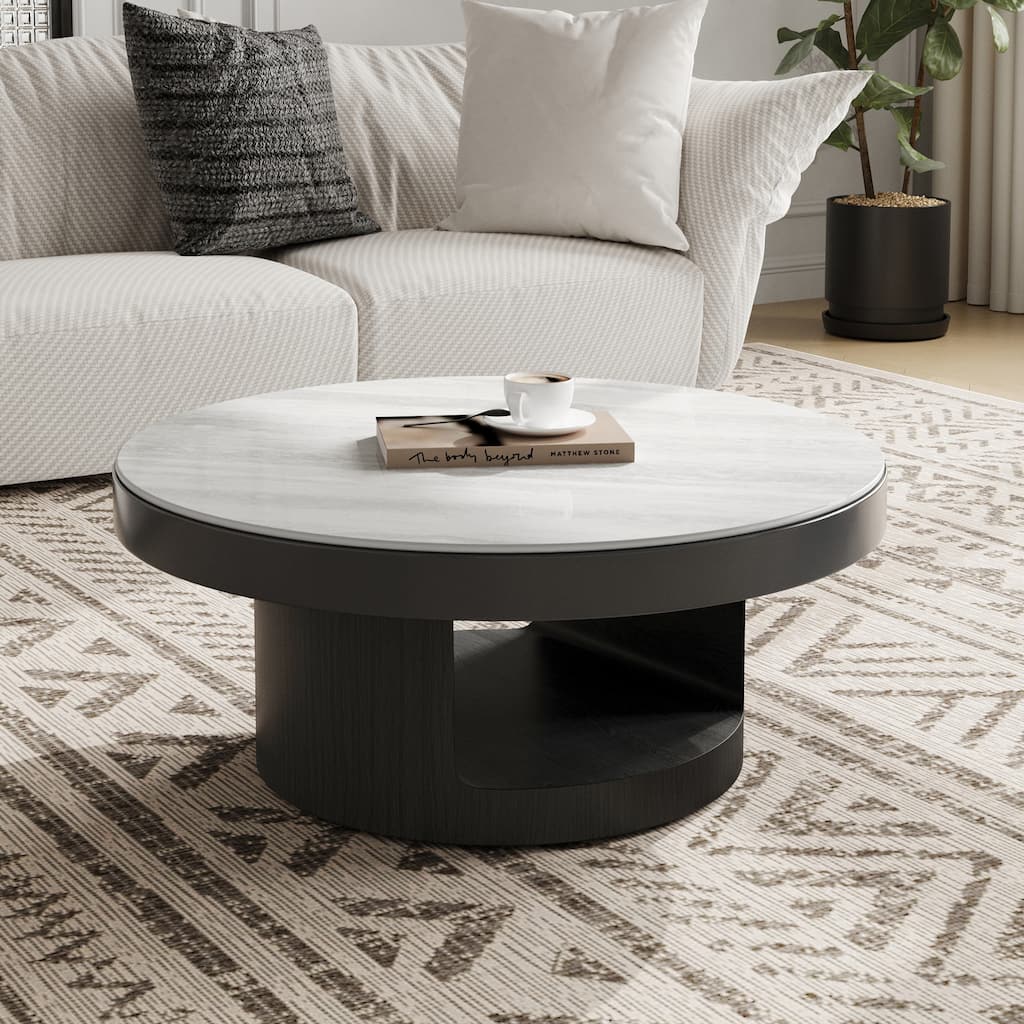 35.43" Modern Round Coffee Table with White Faux Marble Table top, Black Solid Wood Base