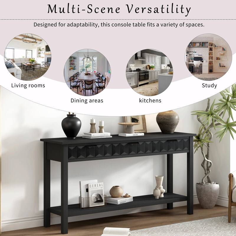 60" Fir Veneer Entryway Table with Honeycomb-patterned Fronts, 3 Drawers