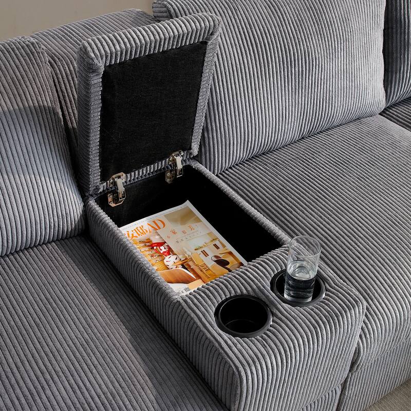 Comfy Corduroy Cloud U-shaped Sectional Sofa with Double Chiase Lounge, Built-in Storage Console and Cup Holders for Living Room