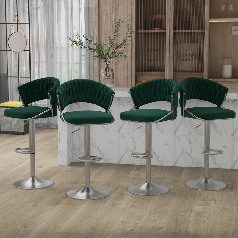 Set of 4 Bar Stool Adjustable Height with Swivel Seat - SILVER-DARK GREEN