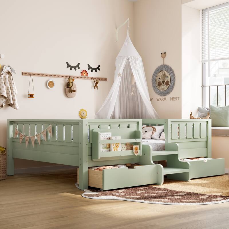 Full/Twin Loft Bed with Storage Drawers, Safety Staircase & Rails