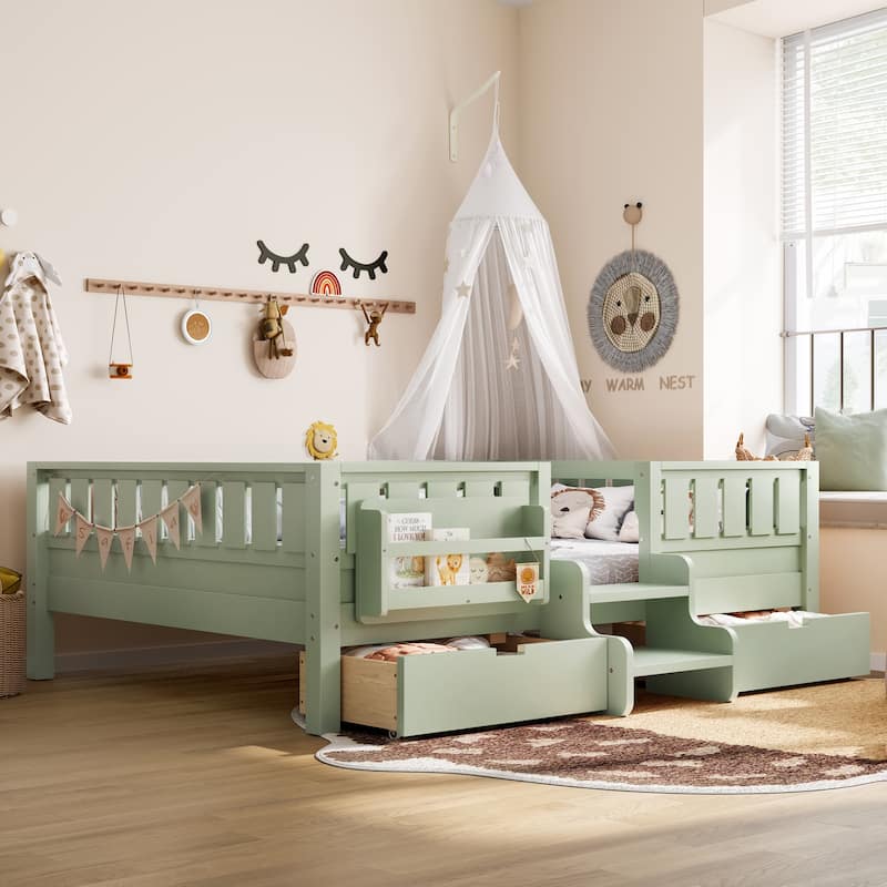 Multiple Colors Toddler Montessori Bed Children's Platform Bed with Low Profile Stairs, Built-in Bookshelf and Storage Drawers