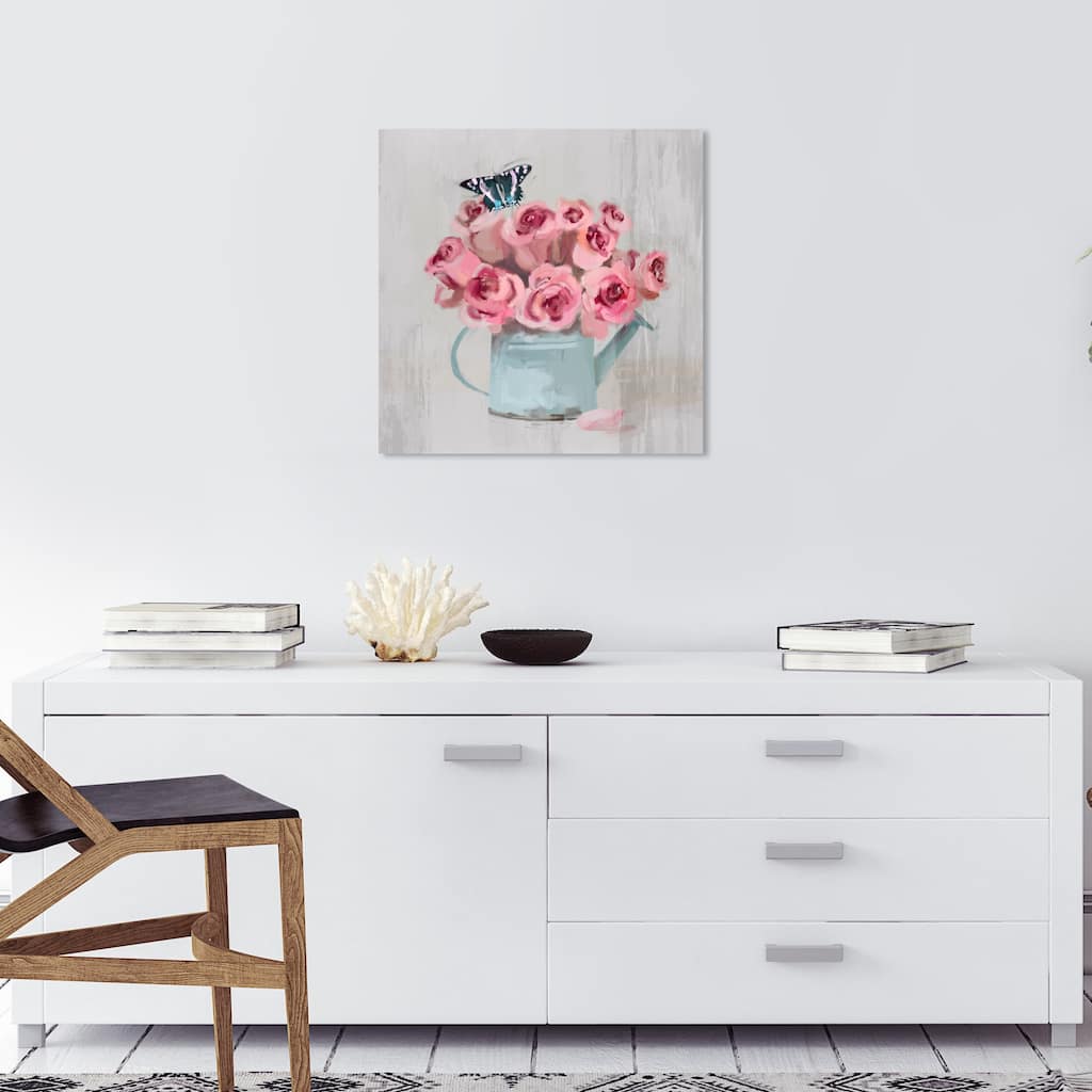 Wynwood Studio Canvas Floral and Botanical Contemporary Floral Pot Pink and Light Gray Farmhouse Wall Art Canvas Print