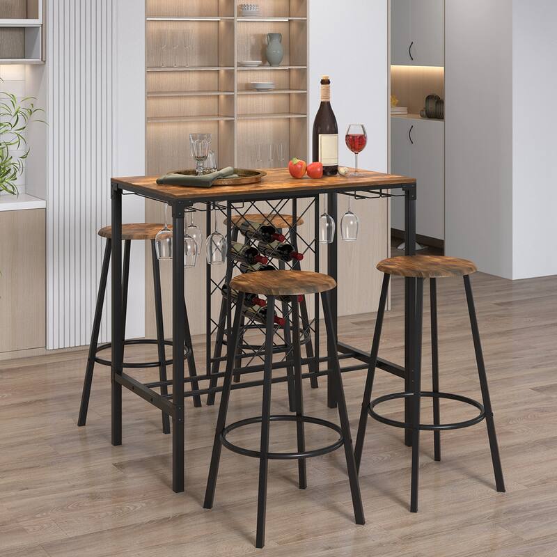 Costway 5PCS Bar Table & Stools Set Industrial Bistro Set with Wine