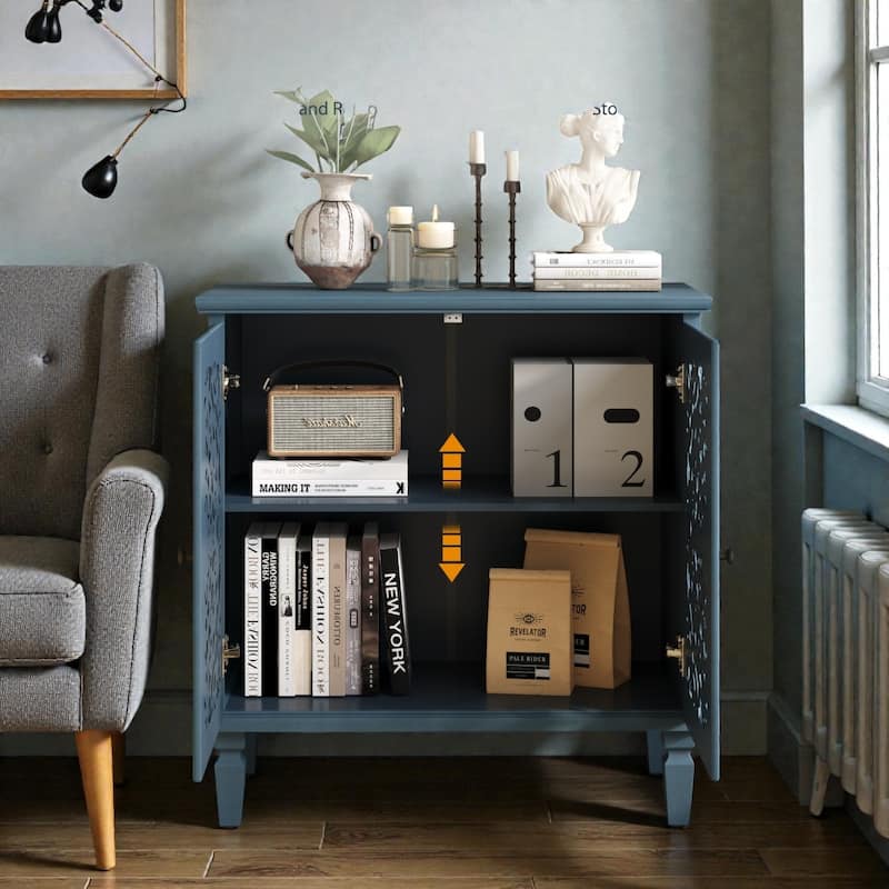 Vintage Hollow-Carved 2-Door Accent Cabinet with Floral Design, Adjustable Shelf and Solid Wood Legs, 31.5'' Sideboard