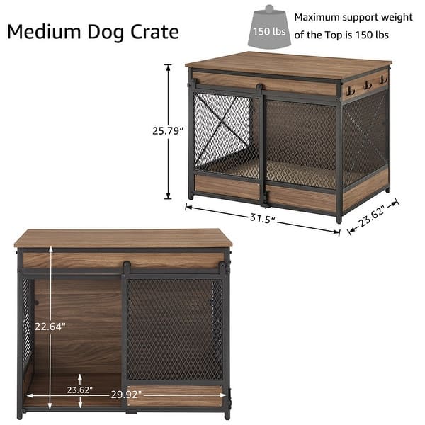 Dog Crate End Table with Cushion and Hooks, Mesh Pet Kennels Bed Bath