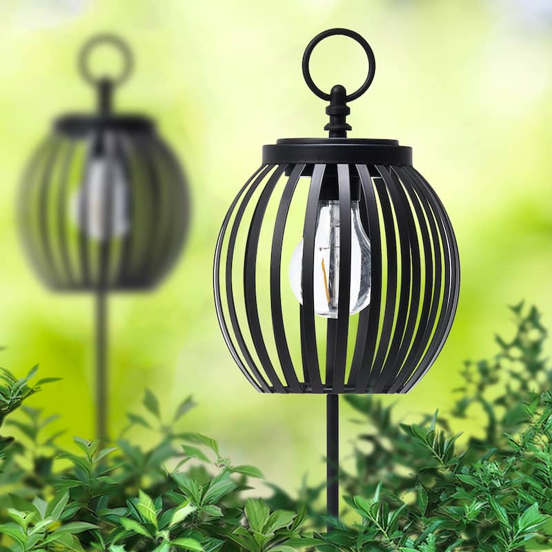 Glitzhome Metal Stripes Waterproof Solar Powered Outdoor Lantern with Garden Stake - 2PC Round