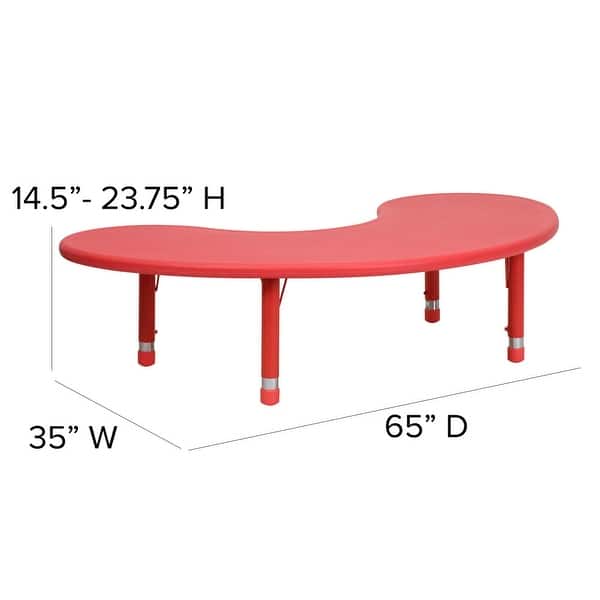 dimension image slide 0 of 4, 35"Wx65"L Half-Moon Plastic Adjustable Activity Table for 8 - 65"D x 35"W x 14.5" - 23.75"H