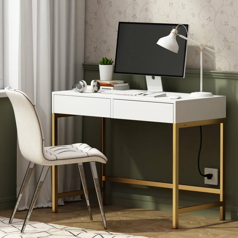 40" Charging Station Desk with 2 Outlets & 2 USB Ports - 2-Drawer Computer/Vanity Desk for Office or Bedroom