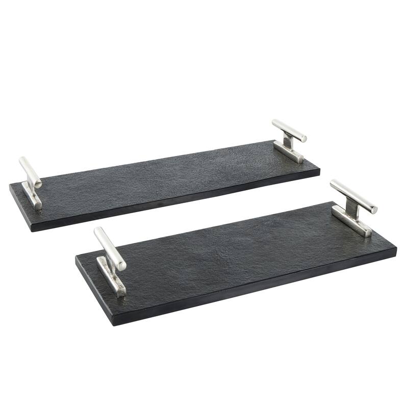 Black Marble Textured Living Room Decor Tray with Silver or Black Rod Handles (Set of 2)