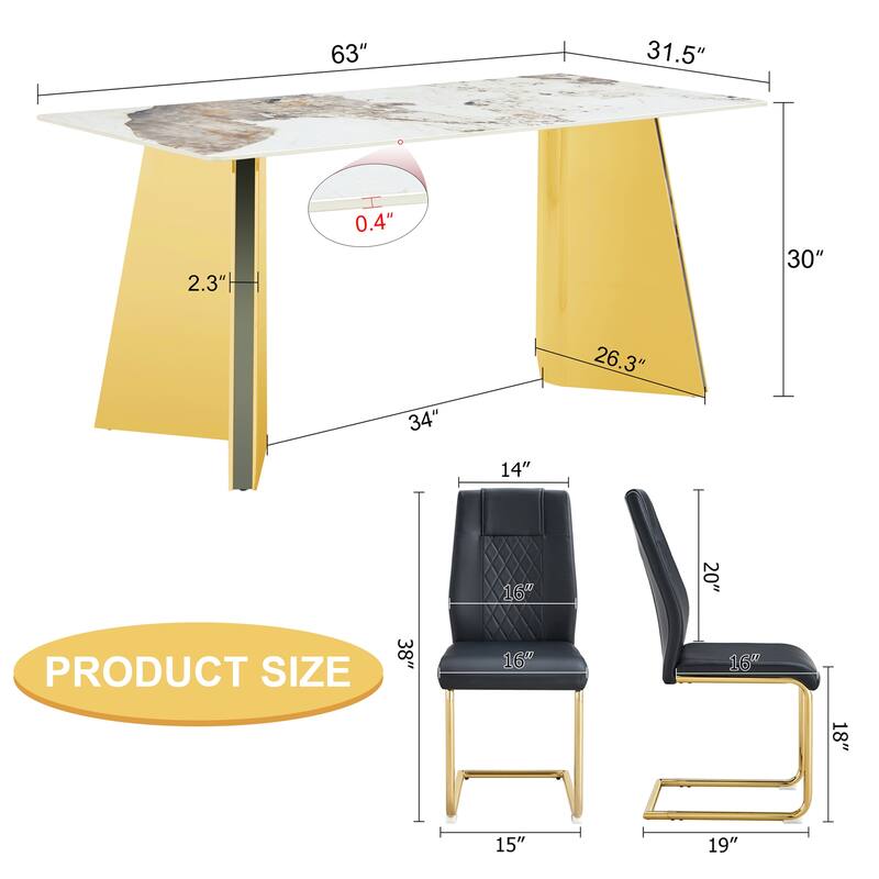 7-Piece Luxury Dining Table and Chair Set, Stone Tabletop Rectangular Table with Stainless Steel Butterfly Legs and 6 PU Chairs