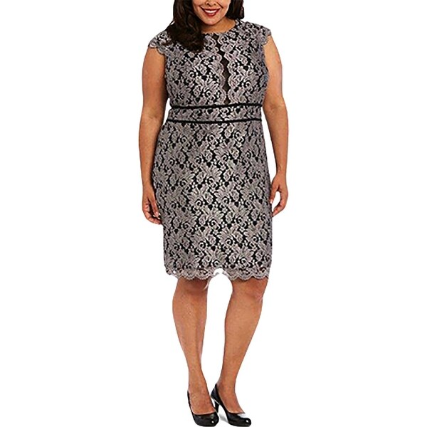 NW Nightway Womens Plus Cocktail Dress Lace Glitter - Black/Taupe