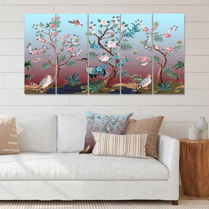 Designart "Chinoiserie With Birds and Peonies XI" Traditional Canvas Wall Art Print - 60 in. wide x 28 in. high - 5 Panels Equal Panels