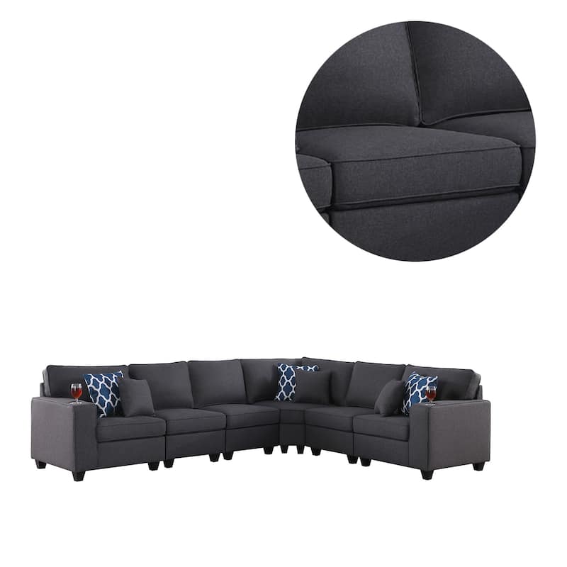 6 Piece Linen Upholstered Reversible L-Shape Sectional Sofa in Dark Gray