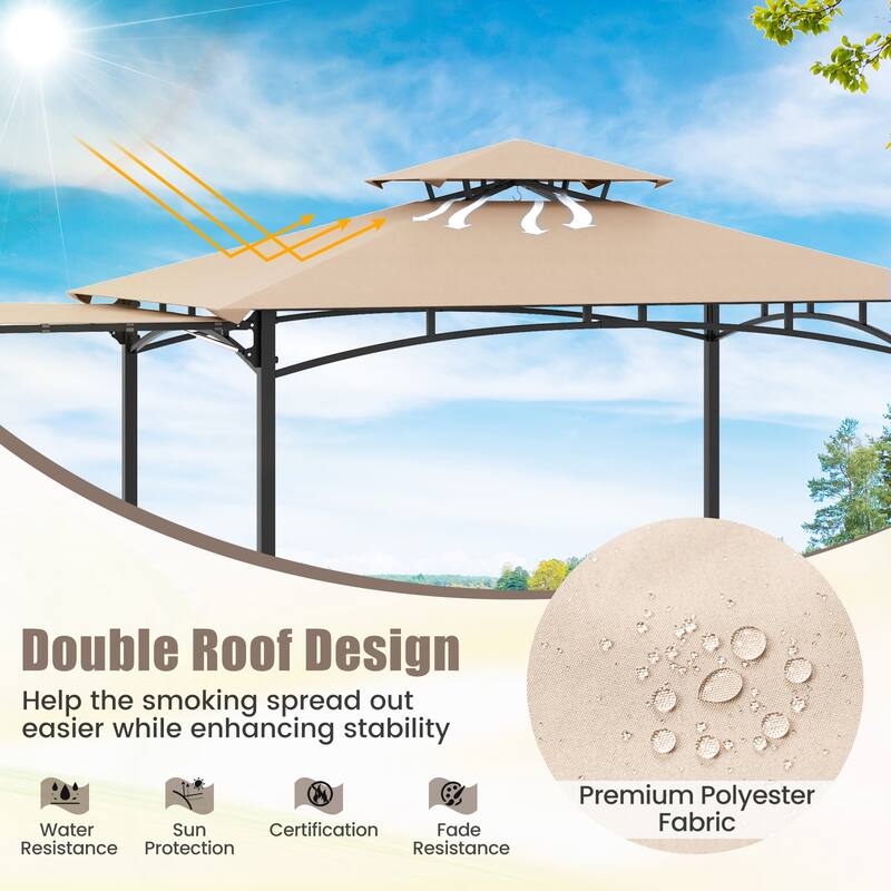 11 x 5 Feet Outdoor BBQ Shelter with Vented Canopy and Side Awning Hanging Hooks and Metal Frame Base