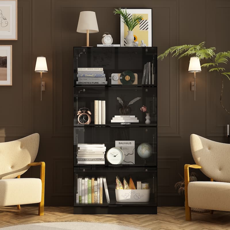 Modern Bookshelf with Adjustable Lighting Strips and Four Handles - Black