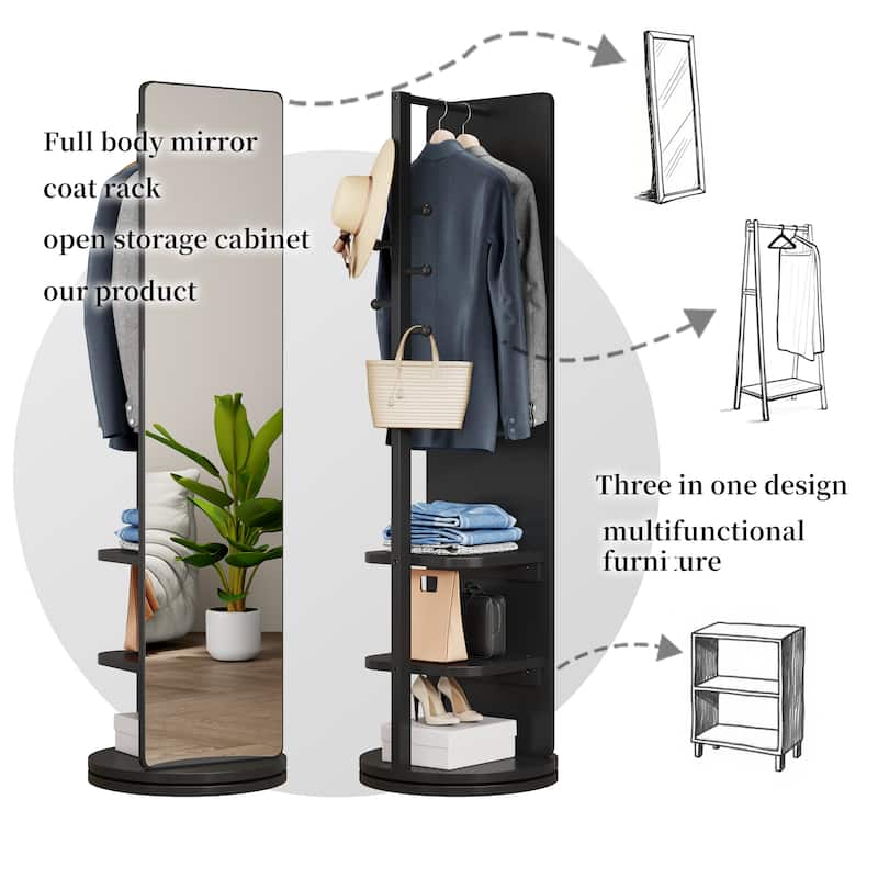 360° Rotating 66"x14" Multifunctional Full Length Mirror with Hook Storage Rack Coat Rack with Mirror Solid Wood Floor Mirror