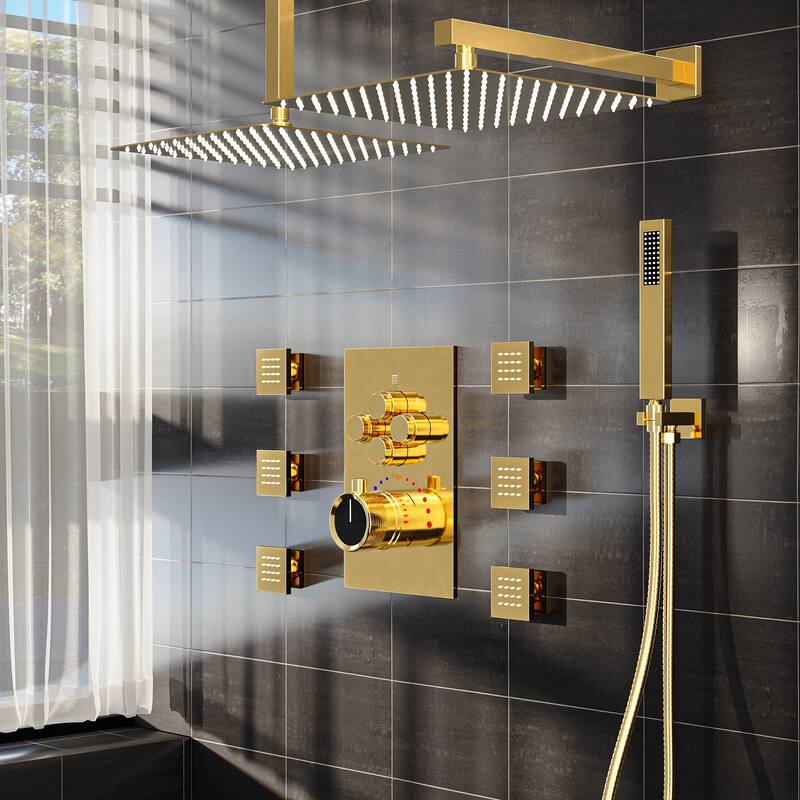 Dual Heads Thermostatic Shower System 12" Wall Rain Shower Head & 12" Ceiling High Pressure Shower Faucet with 6 Body Jets - Gold