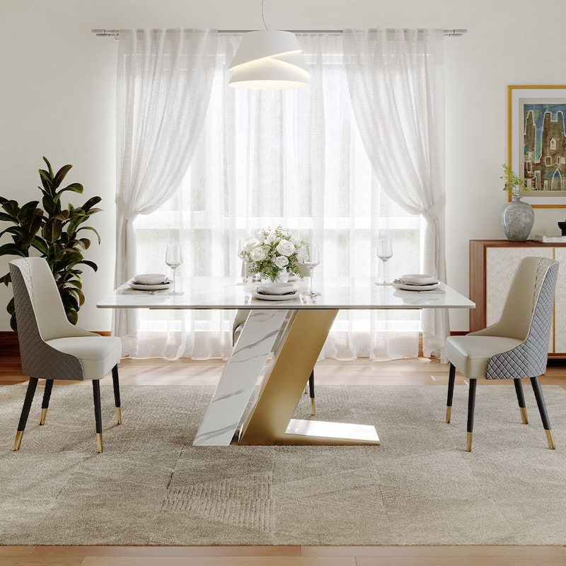 Modern Luxury White Rectangular Dining Table with Glossy Sintered Stone Tabletop, White Z-shaped Stainless Steel Base