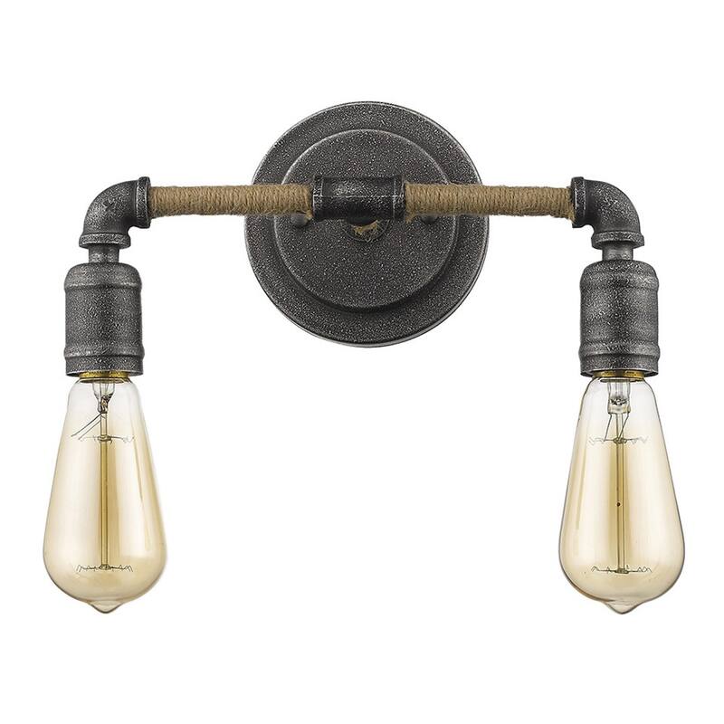 Modern Hardwired Wall Light with Rope and Pipe Accents 2-Light Grey Steel Fixture for Bathroom - 6.25" H x 12.25" W x 5" D